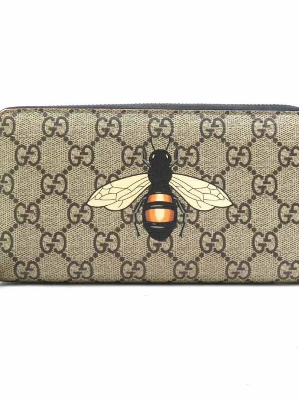 Auth GUCCI GG Supreme Bee Zip Around Long Wallet Beige Brown PVC